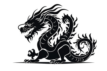 Chinese dragon artwork black line stencil isolated on white PNG