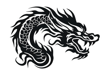 Chinese dragon artwork black line stencil isolated on white PNG