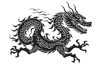 Chinese dragon artwork black line stencil isolated on white PNG