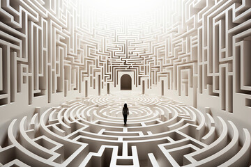 A man is looking for a way out of a large maze. Finding effective solution. Puzzle. 