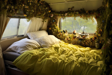 Bedroom inside camper van. Generative AI