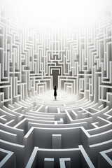 A man is looking for a way out of a large maze. Finding effective solution. Puzzle.
