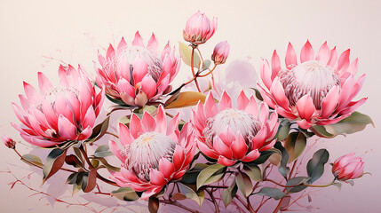 Protea flowers bouquet, watercolor painting. 