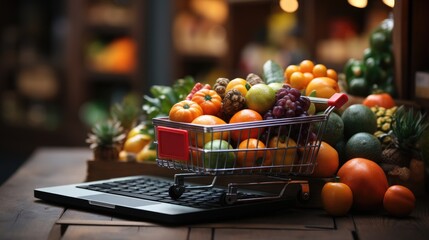 Photo of a colorful assortment of fruits in a shopping cart at e-commerce