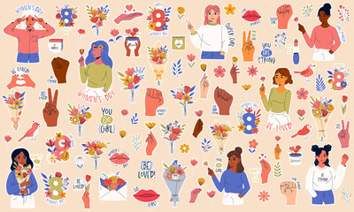 International women's day. 8 March. Sticker pack with girl power slogans and inspiration quotes