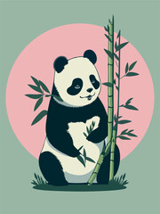 Panda eat bamboo against the background of the pink sun, painting in asian style. Pandas are very fond of bamboo. Japanese and Chinese paintings