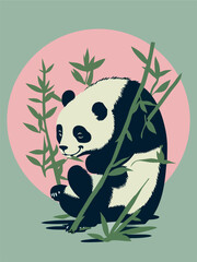 Panda eat bamboo against the background of the pink sun, painting in asian style. Pandas are very fond of bamboo. Japanese and Chinese paintings
