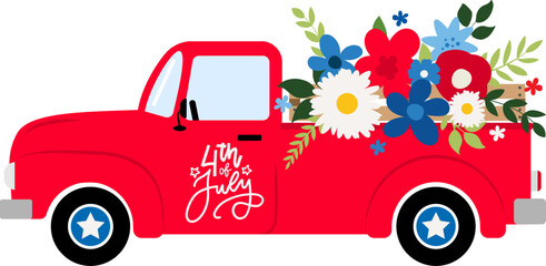 4th of july truck, red with flowers