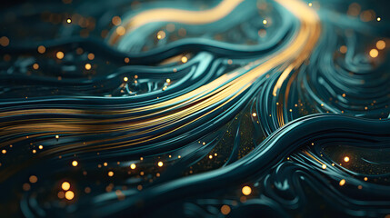 Illustration of a Abstract background, waves of green and gold color, golden drops . Generative AI.