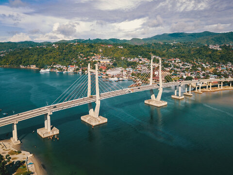 Aerial View of Merah Putih Bridge in Ambon Bay, Maluku