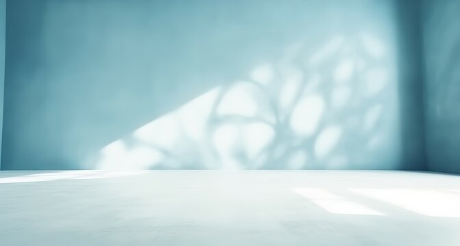 Minimalistic abstract light blue background for product presentation, featuring gentle light and intricate shadows cast by tree branches on the wall. Made with Generative AI technology