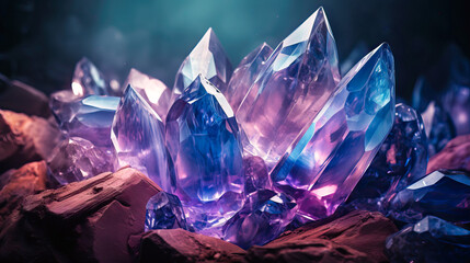 Illustration of a beautiful purple crystals on black background. Generative AI.