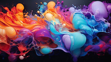 Illustration of a.rainbow color paint bubbles on black background Generative AI.