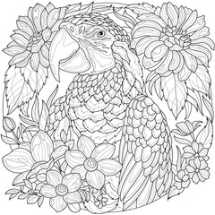 Parrot with flowers.Coloring page antistress for children and adults. Illustration isolated on white background.Zen-tangle style. Hand draw