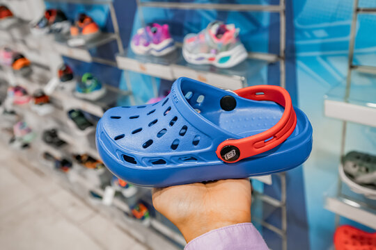17 August 2022, Antalya, Turkey: Child crocs sandals at the store