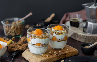 dessert, yogurt with melon , honey and walnuts