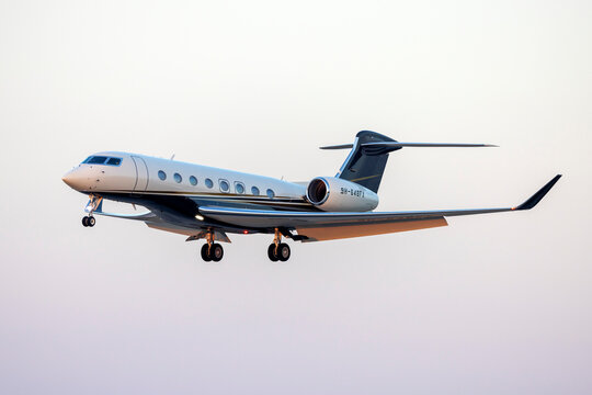 Luqa, Malta - June 28, 2023: Flex Jet Gulfstream Aerospace G650 (G-VI) (Reg.: 9H-648FX) landing runway 31 in the late evening.