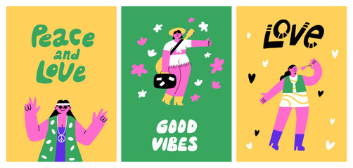 Funny postcards in the hippie style. Fashionable bright people from the 70s. Beautiful young girls. Typography and lettering.