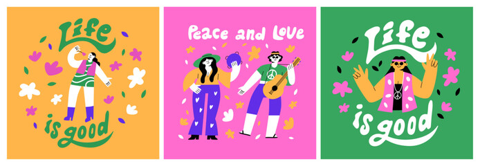 Posters in the hippie style. Bright retro postcards with funny people from the 70s. Typography and lettering. Flat illustration