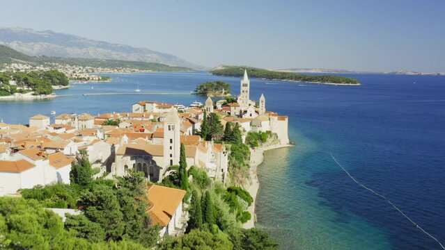 Aerial view of the old town of Rab, the Adriatic Sea in Croatia