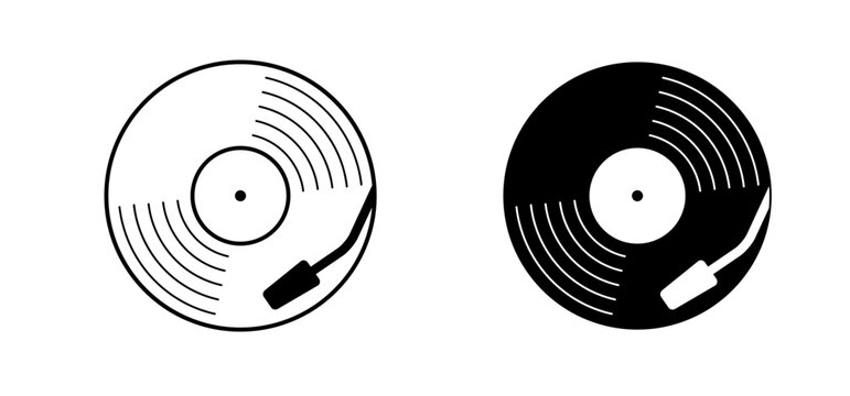 Cartoon vinyl or lp icon symbol. dj symbol. retro vinyl record album. Old music plate doodle. Phonograph, audio disk for turntable. Music player, analog music recording. Gramophone label and badge.
