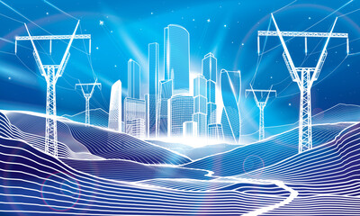 Night illumination city. Neon glow mountains landscape. High voltage transmission systems. Business town center. Power lines. White outlines on blue background. Vector design art