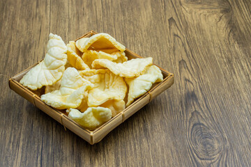 kerupuk bawang or onions cracker. traditional indonesian snack, made from wheat flour mixed with onion flavour.