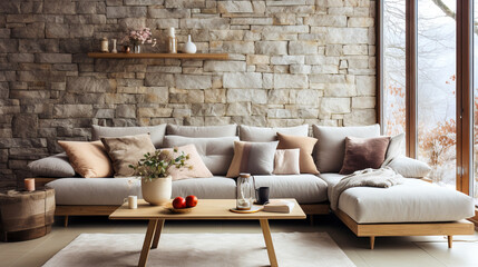 Elegance in Neutrals: Light Grey Living Room with Natural Stone Wall and Large Window, Generative AI