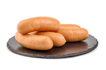 Fresh boiled sausages with lettuce, close-up, isolated on white background.