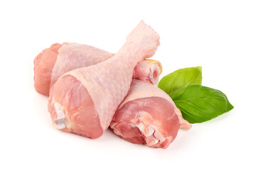 Raw Chicken drumsticks, isolated on white background.