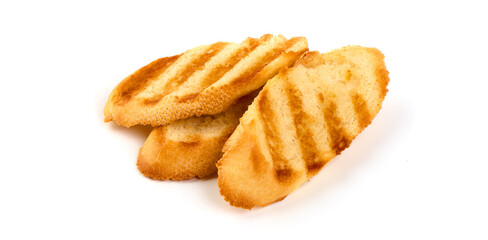 Crusty bread bruschetta, isolated on white background.