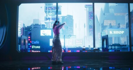 Cinematic Footage with a Stylish Female Dancer in Comfortable Street Clothes Dancing in Front of a Window with Futuristic Cybernetic Space City with Neon Lights. Young Female in a Cyberpunk Future - Powered by Adobe