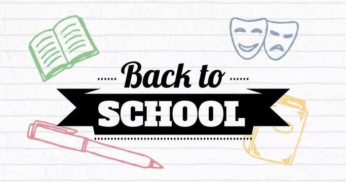 Animation of back to school text over school icons on ruled paper
