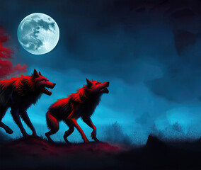 Large red wolves hunting under the full moon with copy space