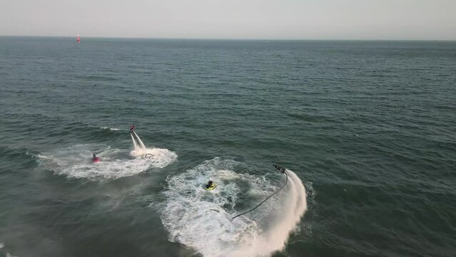 Aerial view of Fly Board, Jet Ski show at haeundae, Busan, South Korea