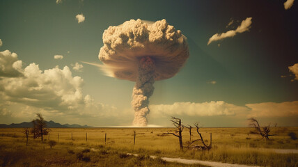 Military, apocalypse and nuclear explosion of bomb in countryside for battle, disaster and armageddon. Disaster, smoke and crisis with nuke attack and mushroom cloud for ai generated, atomic or power