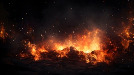 Bruning Ground and flying fire particles, Fire sparks background, abstract Fire and fire sparks, fire overlay,  Flames on isolated black background, Generative AI