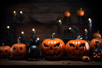 Halloween pumpkin shelf display on a black wooden background, a symbol of spooky delights! This image exudes a festive charm. AI Generated