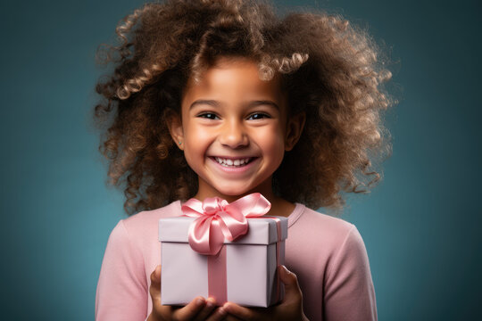 Childhood Happiness. Happy Kid Delighted with a Birthday Gift, Copy Space for Your Wishes. Festive Emotion AI Generative