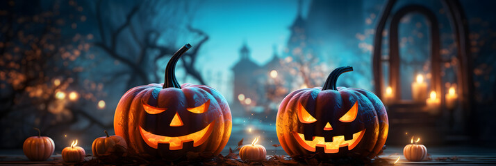 Two intricately carved and illuminated Halloween pumpkins steal the spotlight against a spooky background! With a mischievous grin and glowing eyes, it exudes a festive charm. AI Generated