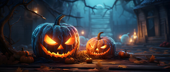 Two intricately carved and illuminated Halloween pumpkins steal the spotlight against a spooky background. Their eerie expressions cast haunting shadows, adding an air of mystery.  AI Generated