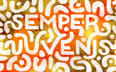 "Semper Iuvenis" latin expression in colourful doodle camouflage. Typo composition with grunge and textured background