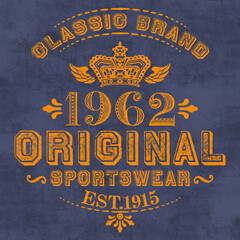 Vintage athletics brand signage with grunge blue background and orange textured typography