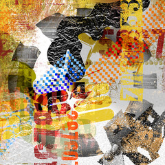 Abstract grunge collage artwork with different textures and colourful elements