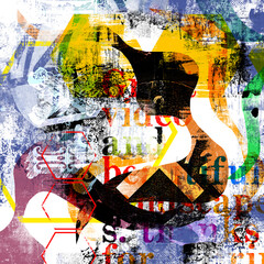 Grunge weathered modern abstract collage with colourful creative elements and forms