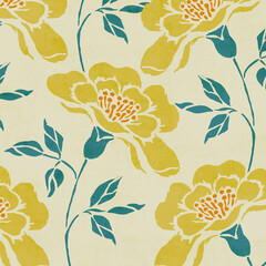 Decorative floral pattern with yellow spring flower on a nude textured background