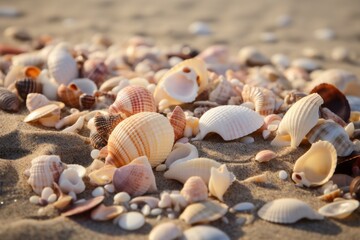 Fototapeta na wymiar Seashells on the beach under the warm summer sun. Fine sand. Generative ai