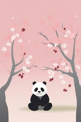 Japanese cherry tree minimalist pink poster with a panda bear. Generative ai - 618495725