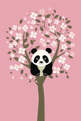 Japanese cherry tree minimalist pink poster with a panda bear. Generative ai