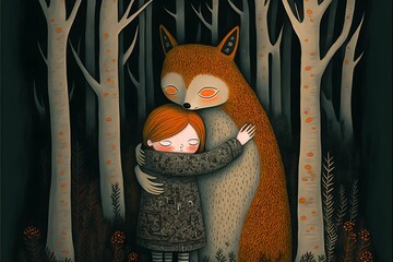 child hugging a fox in a forest folk art 